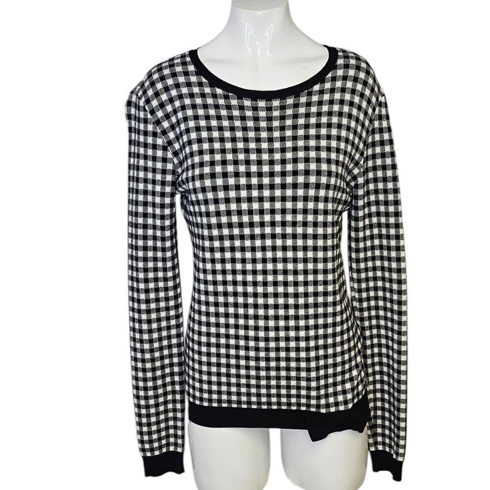 RED Valentino Womens Long Sleeve Gingham Top, Bow, Black, White, Sweater, Size M